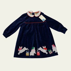 NWT Mini Boden Christmas Bunny College Navy Velvet Dress 12-18M (86cm)